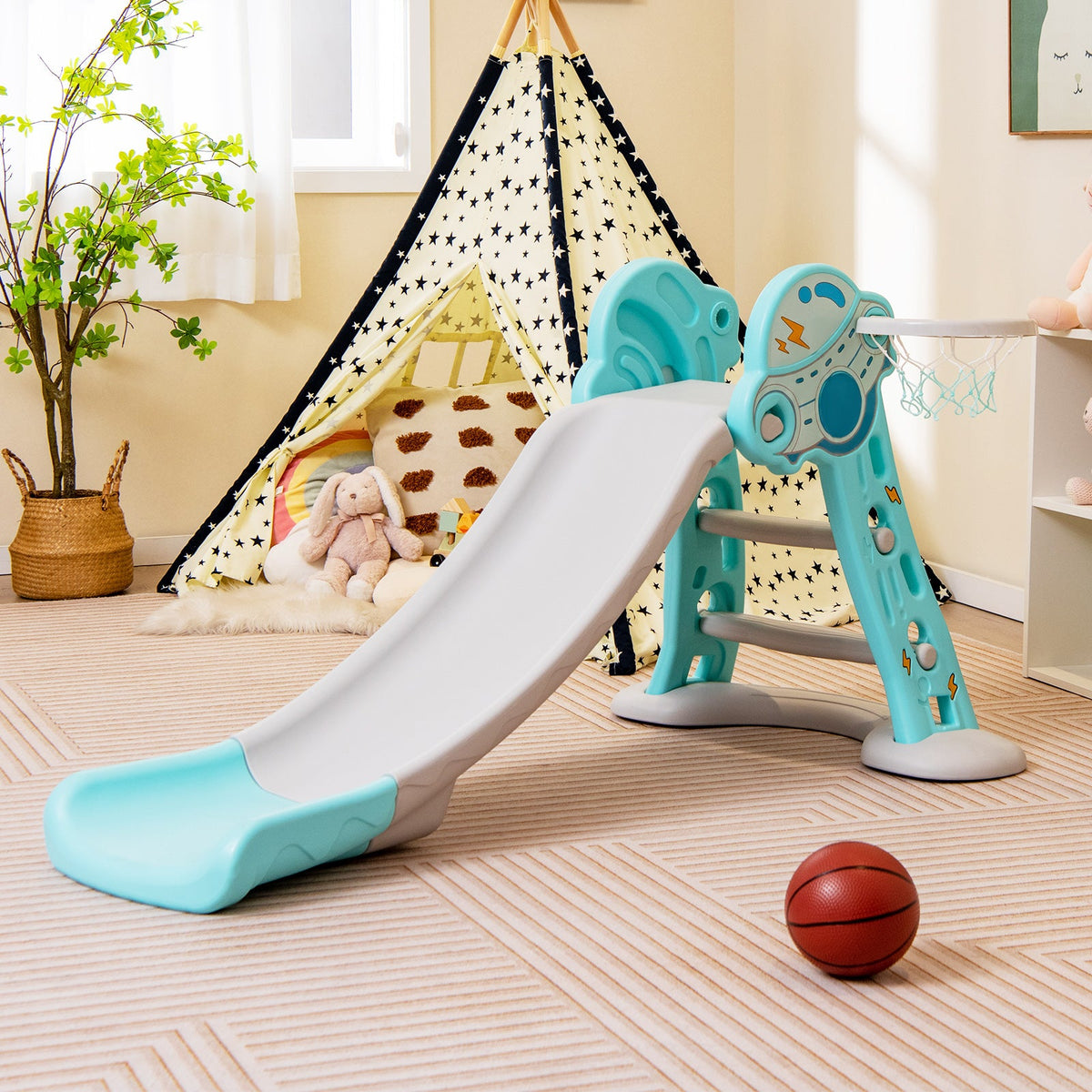 3-in-1 Folding Slide Playset with Basketball Hoop and Small Basketball