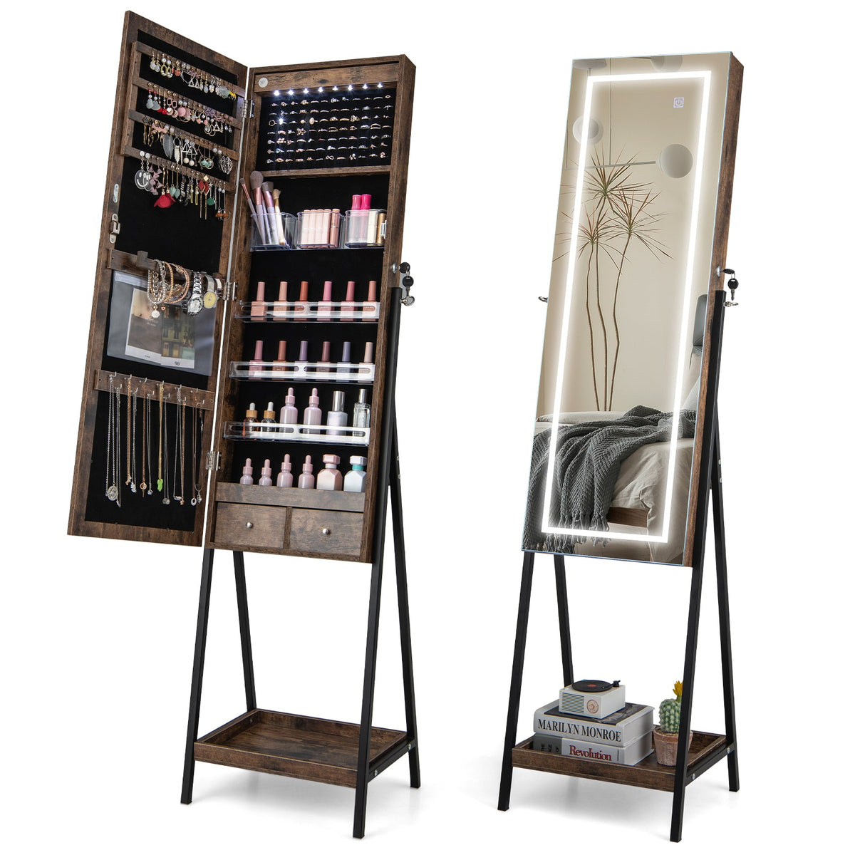 LED Standing Jewelry Mirror Cabinet with 3-Color Lighted Full-Length Mirror