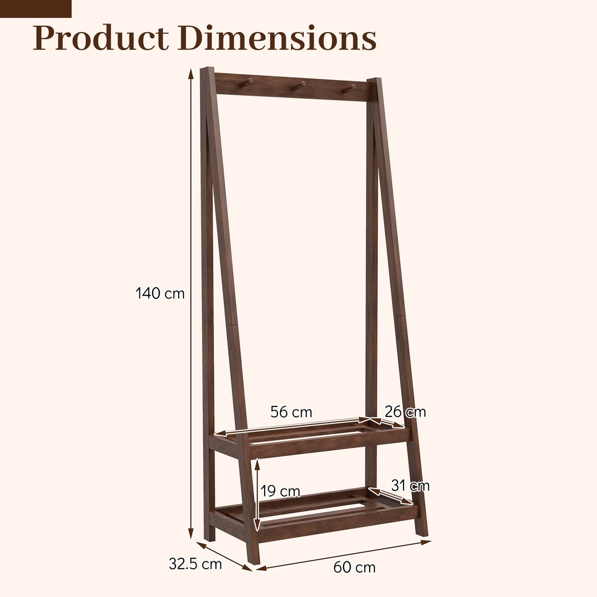 Freestanding Clothes Rack with 3 Hooks and 2 Shelves-Walnut