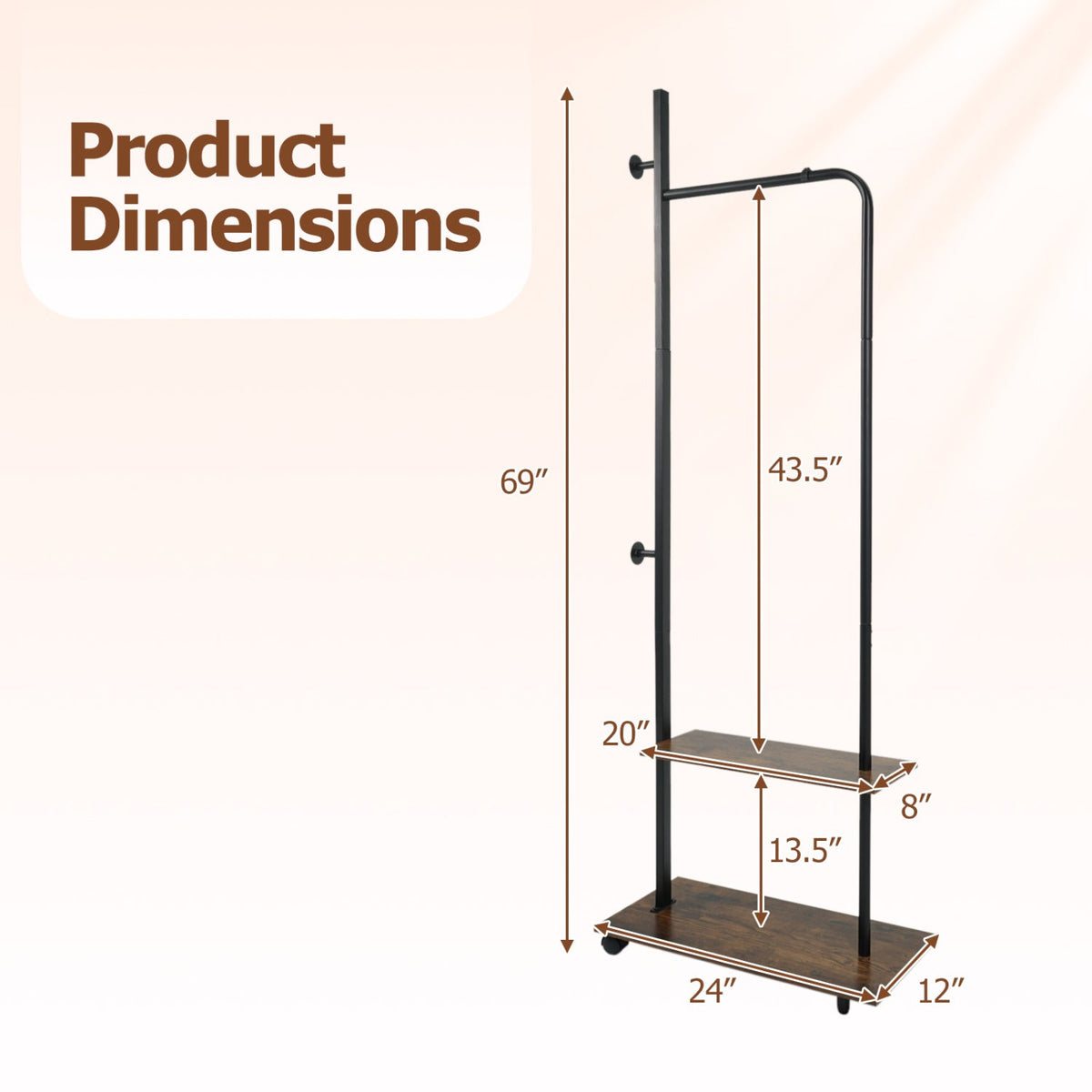 Freestanding Clothing Rack with Wheels and Storage Shelves for Entryway and Bedroom