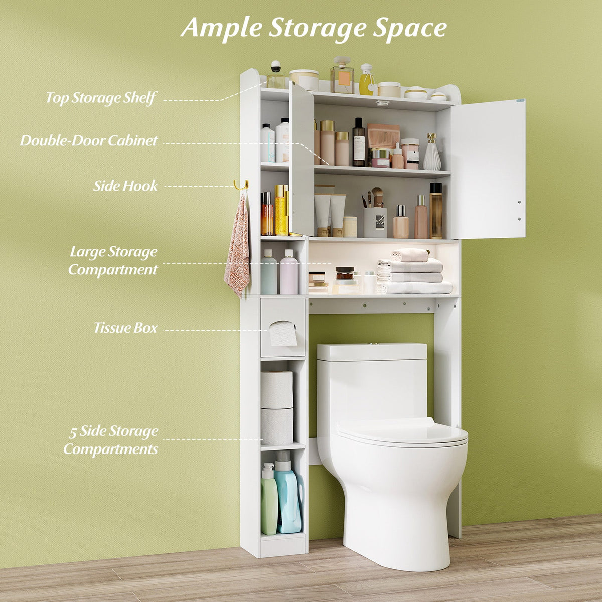 Freestanding Storage Cabinet Above Toilet with 2-Door Cabinet-White