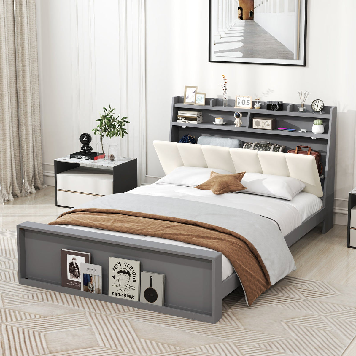 Full Size Bed Frame with Storage Modern Platform Bed with Headboard-Full Size