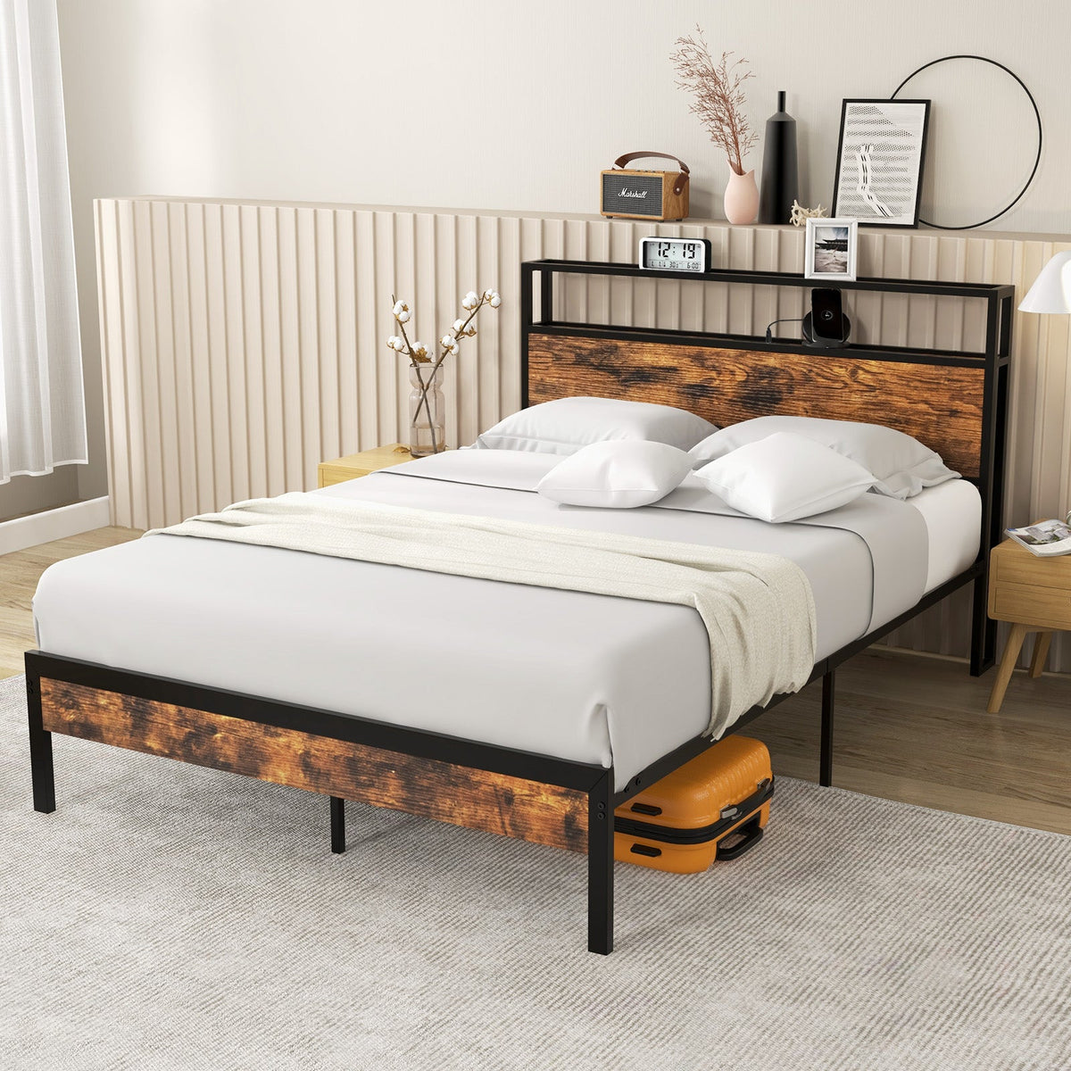 Twin/Full/Queen Bed Frame with Storage Headboard and Charging Station