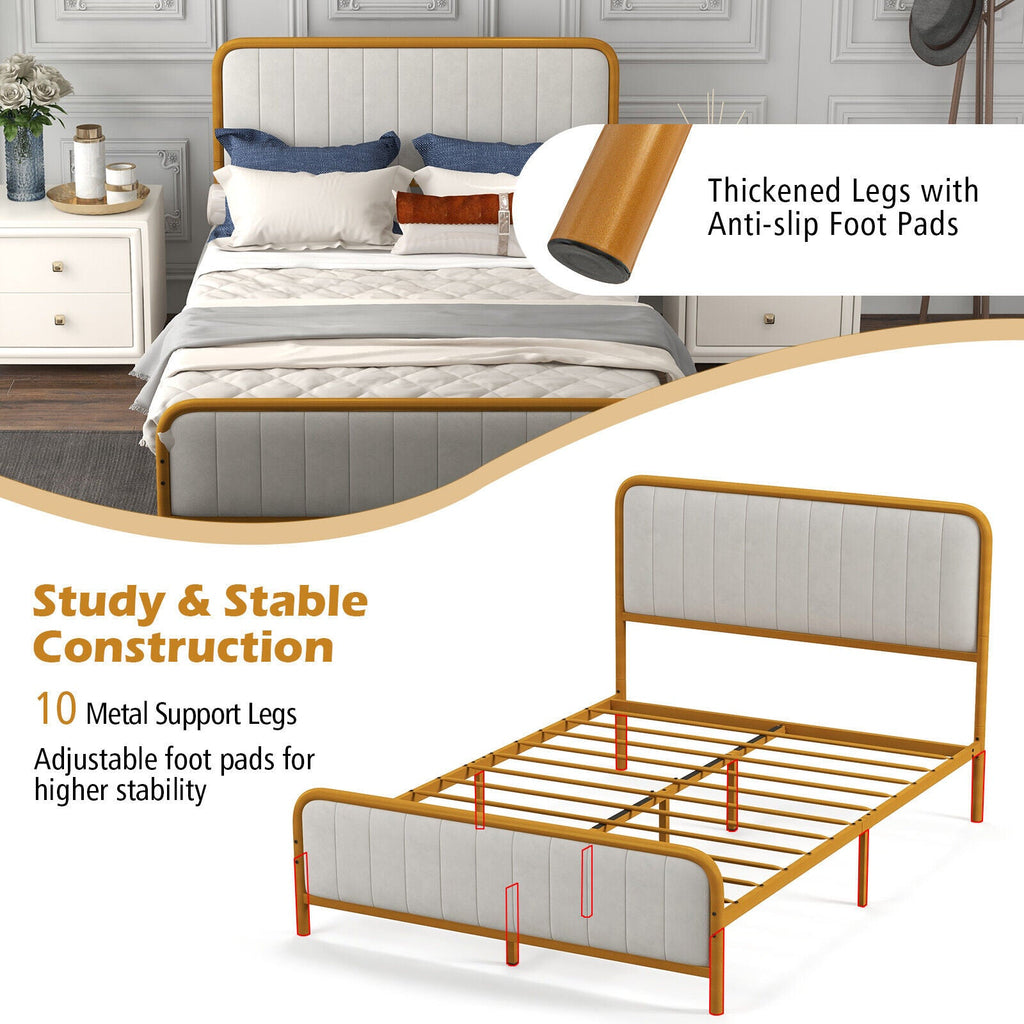 Upholstered Gold Platform Bed Frame with Velvet Headboard