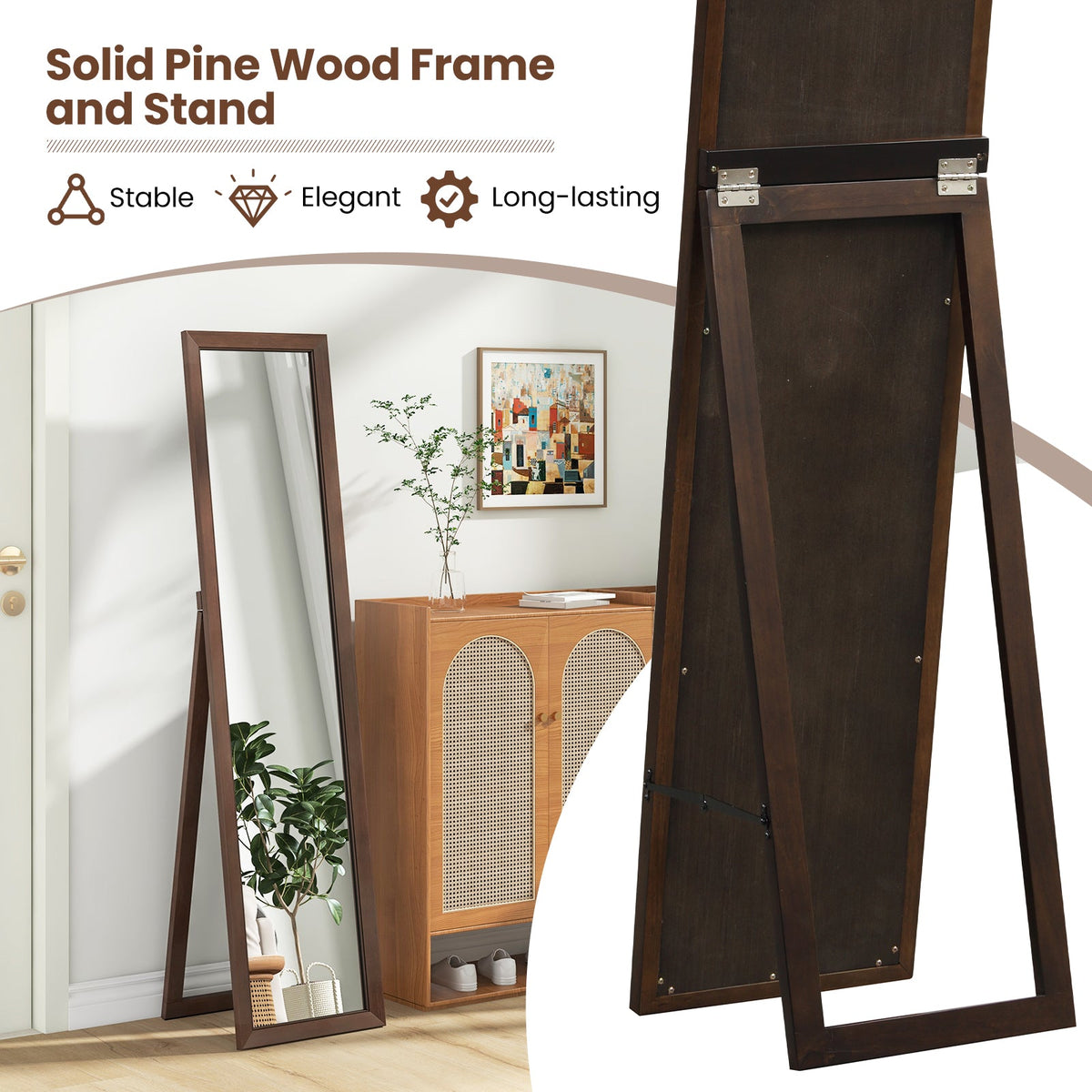Full Length Mirror with Stand and Solid Wood Frame