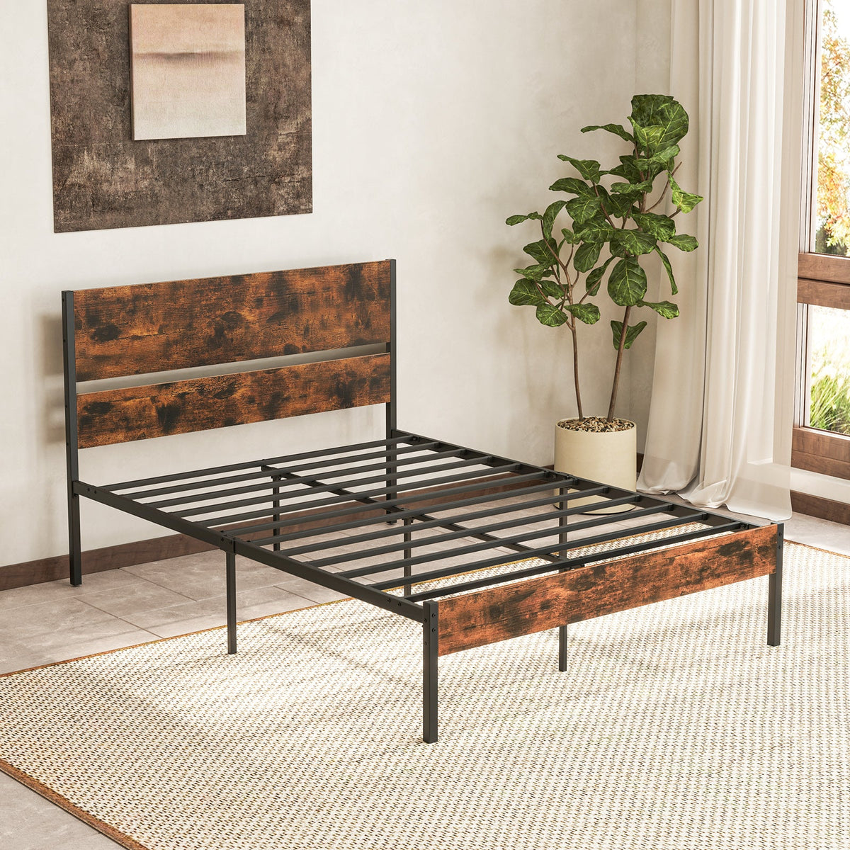 Twin/Full/Queen/King Metal Bed Frame with Wooden Headboard and Footboard-Full Size