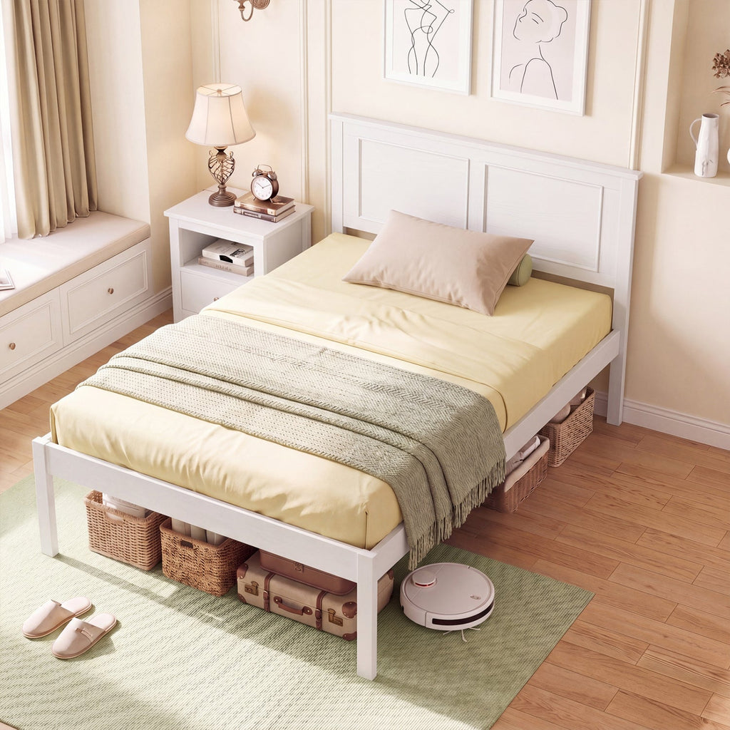 Full/Queen/Twin Size Bed Frame Farmhouse Wooden Platform Bed with Headboard White