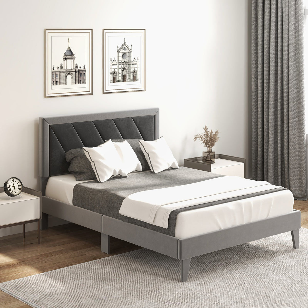 Twin/Full/Queen Platform Bed with High Headboard and Wooden Slats