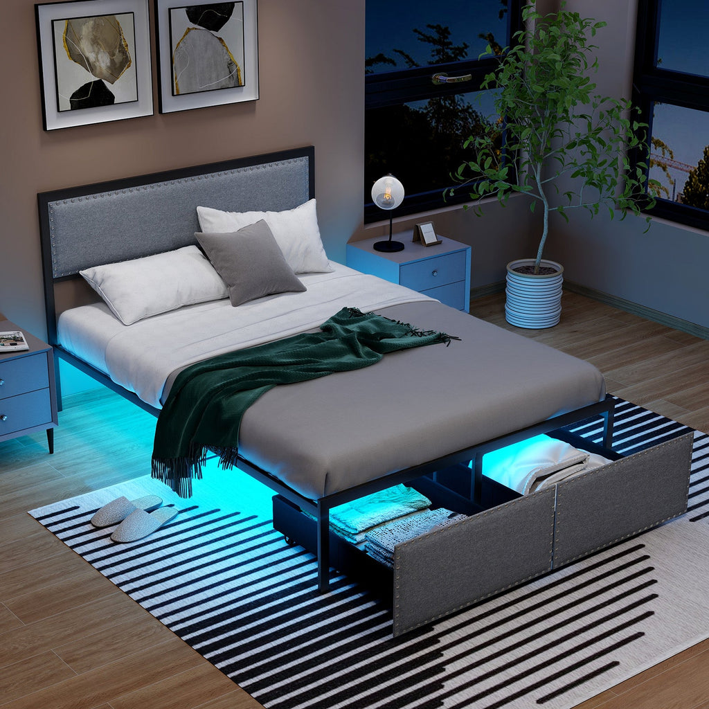 Full/Queen/Twin Size Bed Frame with LED Lights Drawer and Metal Slats