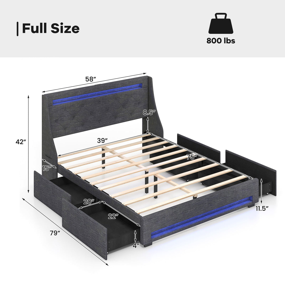 Full Size Bed Frame with LED Lights Wingback Headboard and Charging Station-Grey