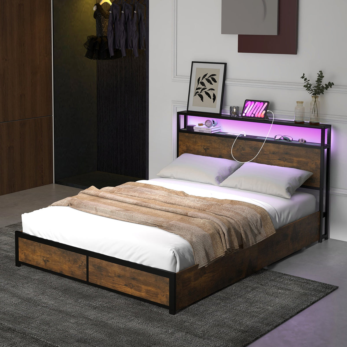 Full/Queen Size Bed Frame with Smart LED Lights and Storage Drawers