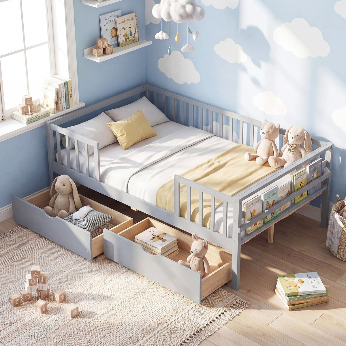 Full Size Daybed with Fence and 2 Drawers for Boys and Girls