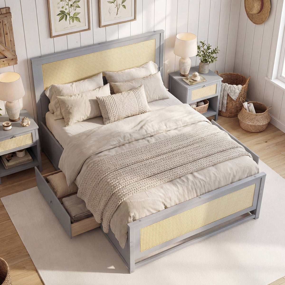 Full Size Rattan Bed Frame with Storage Drawers