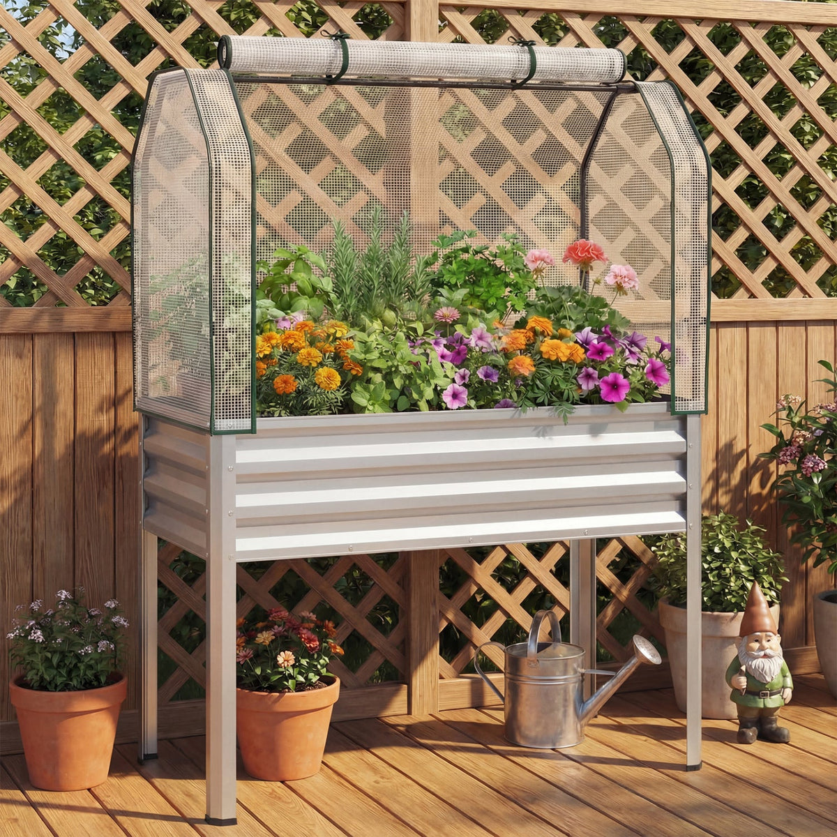 Galvanized Raised Garden Bed with Legs and Greenhouse Cover for Vegetable Flower