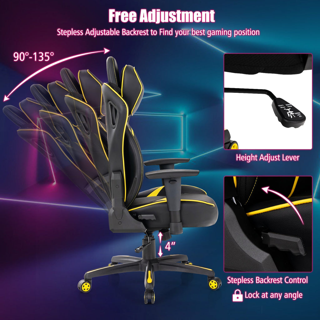 Ergonomic Gaming Chair with Adjustable Height and Reclining Backrest-Yellow