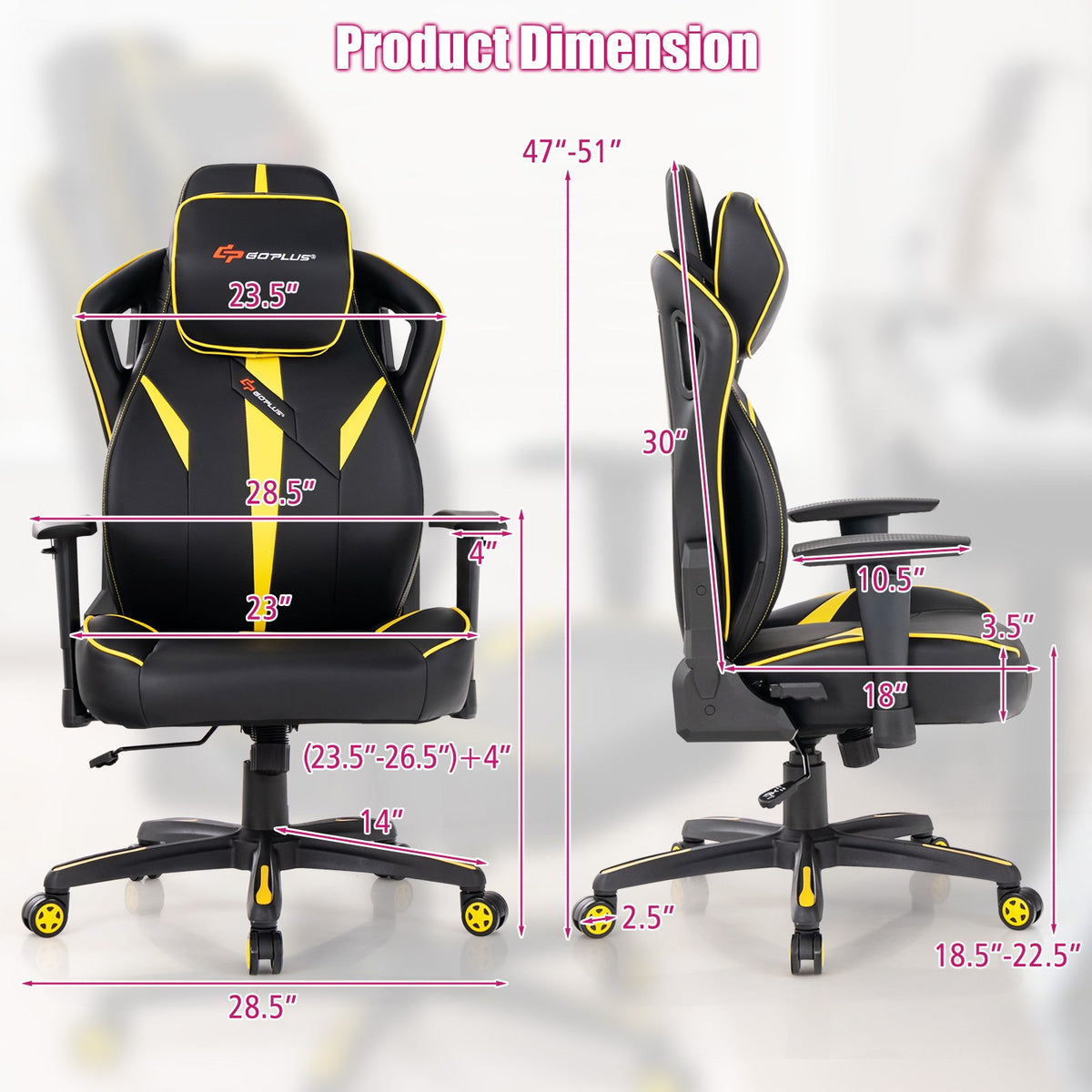 Ergonomic Gaming Chair with Adjustable Height and Reclining Backrest-Yellow