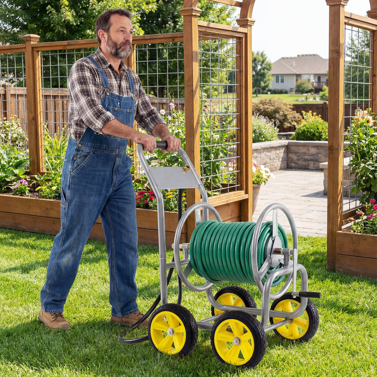 Garden Hose Reel Cart 4 Wheels Heavy-Duty Metal Water Hose Organizer Portable