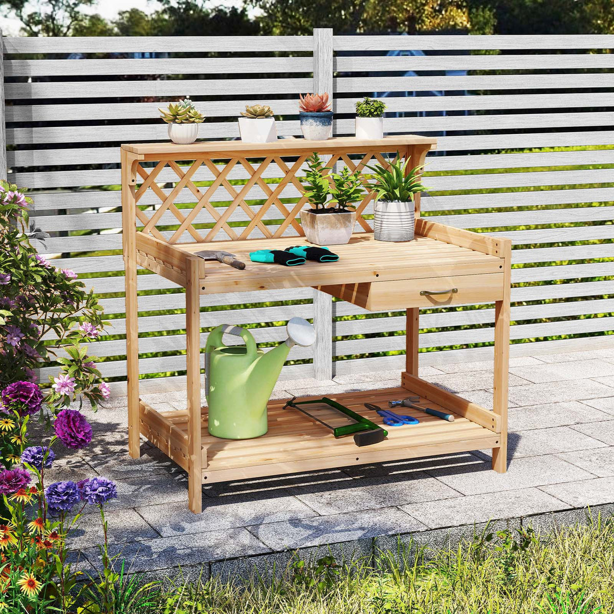 Garden Potting Bench Table Wooden Planting Workstation with Lattice Trellis