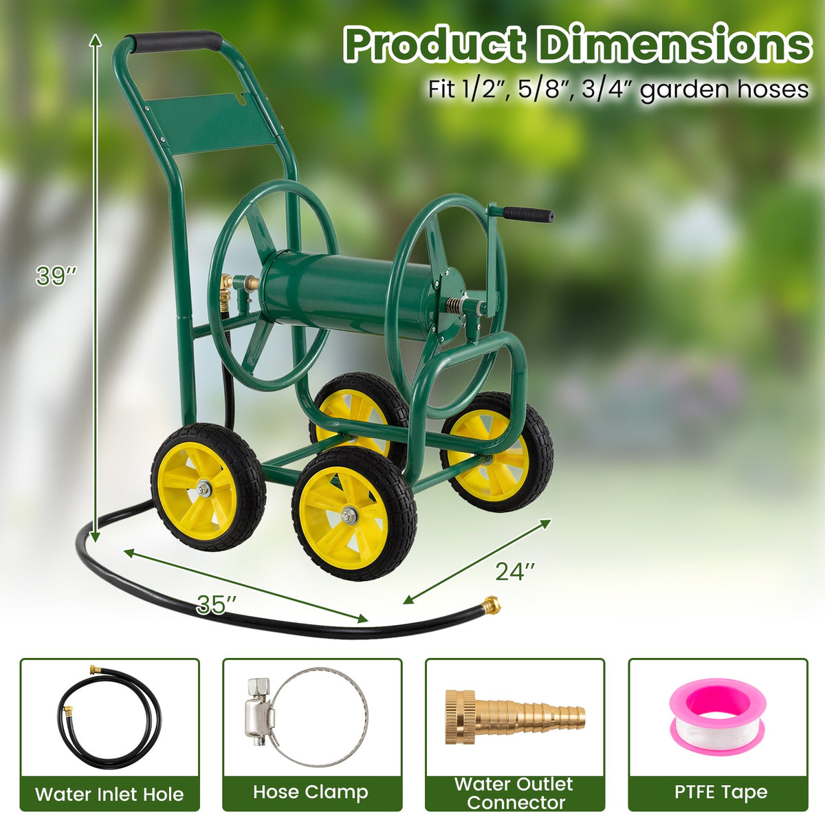 Garden Hose Reel Cart 4 Wheels Heavy-Duty Metal Water Hose Organizer Portable