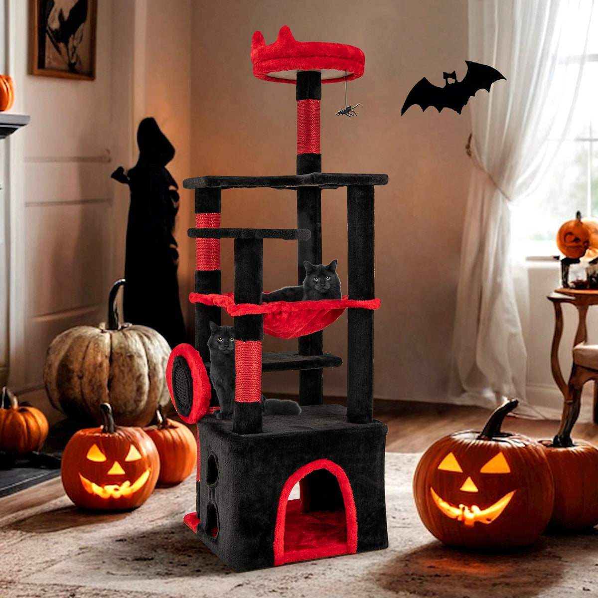 Gothic Cat Tree with Plush Perch and Spider Dangling Toy-Black & Red