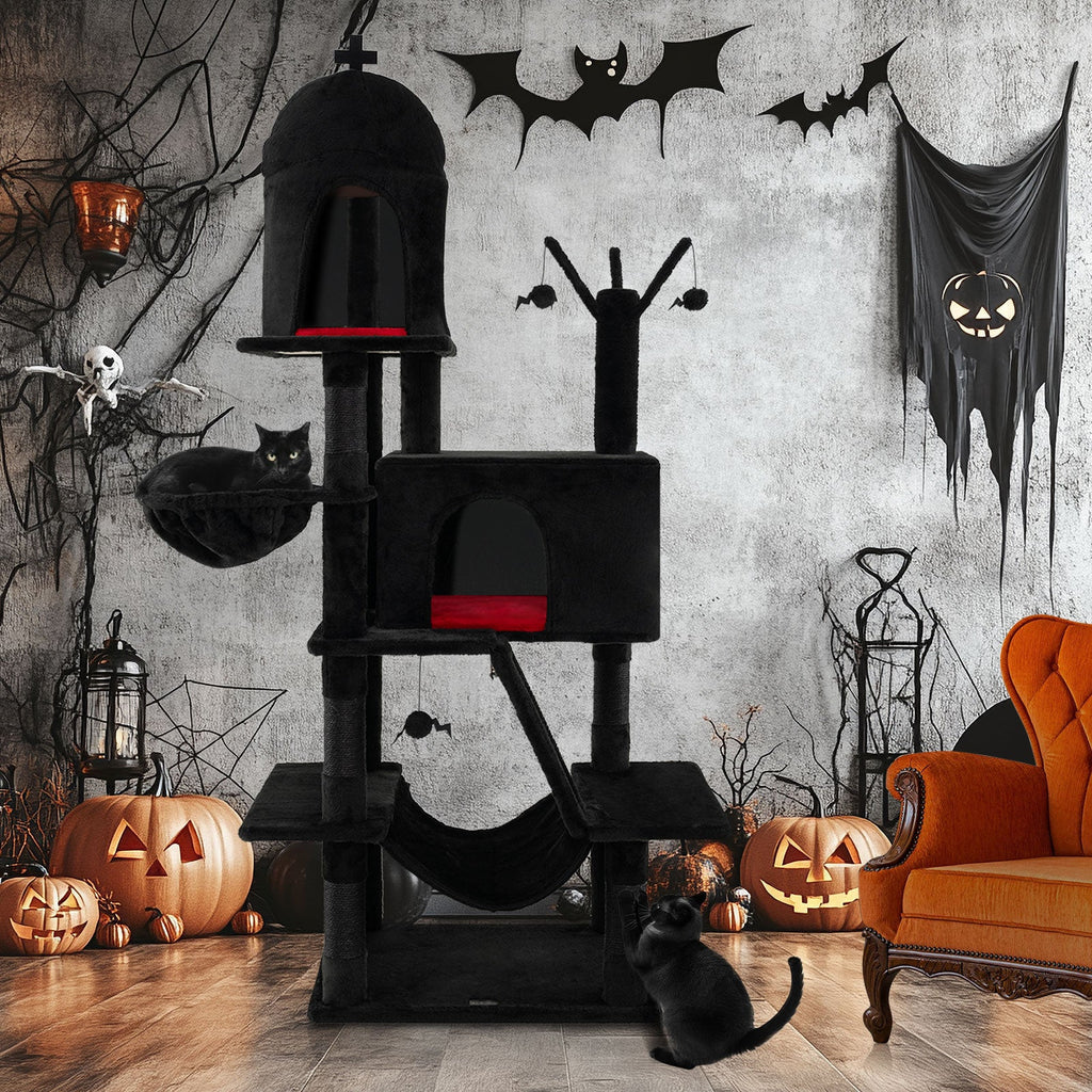 Gothic Cat Tree with 2 Cat Condos and Spooky Dangling Ball for Indoor Cats-Black