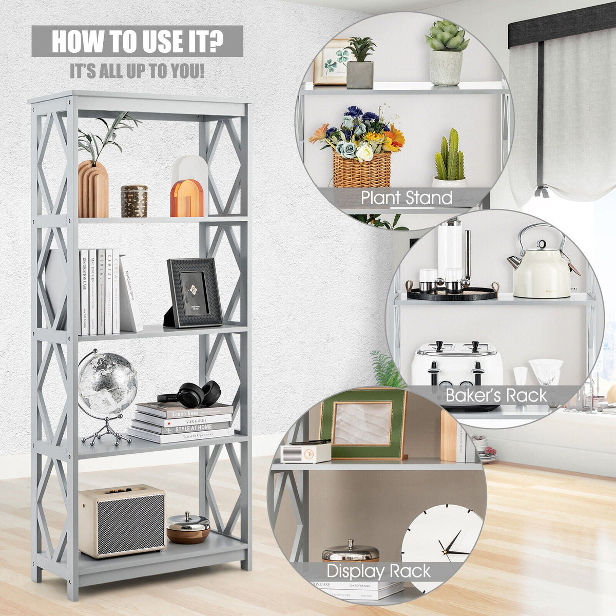 5-Tier Modern Freestanding Bookcase with Open Shelves