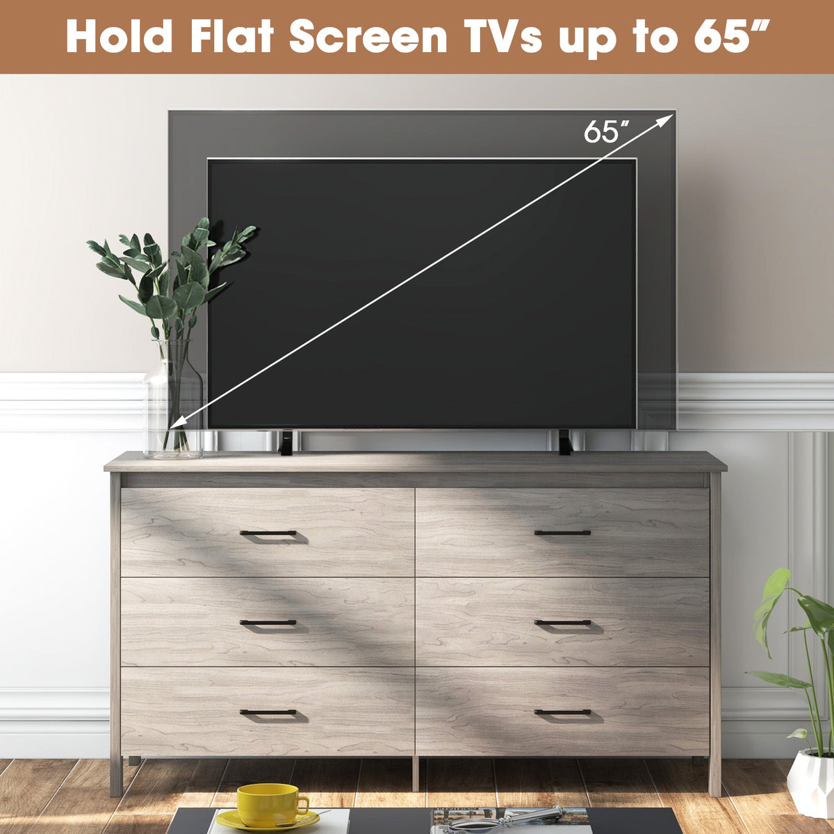 6-Drawer Wide Dresser Chest with Center Support and Anti-tip Kit-Gray
