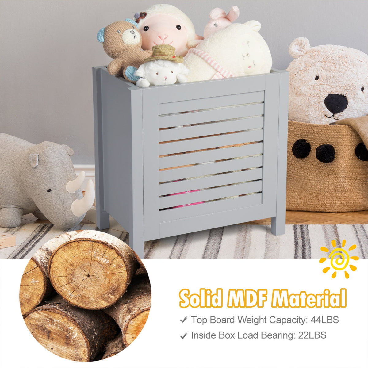 Wooden Kids Toy Storage Organizer with Lid-Gray