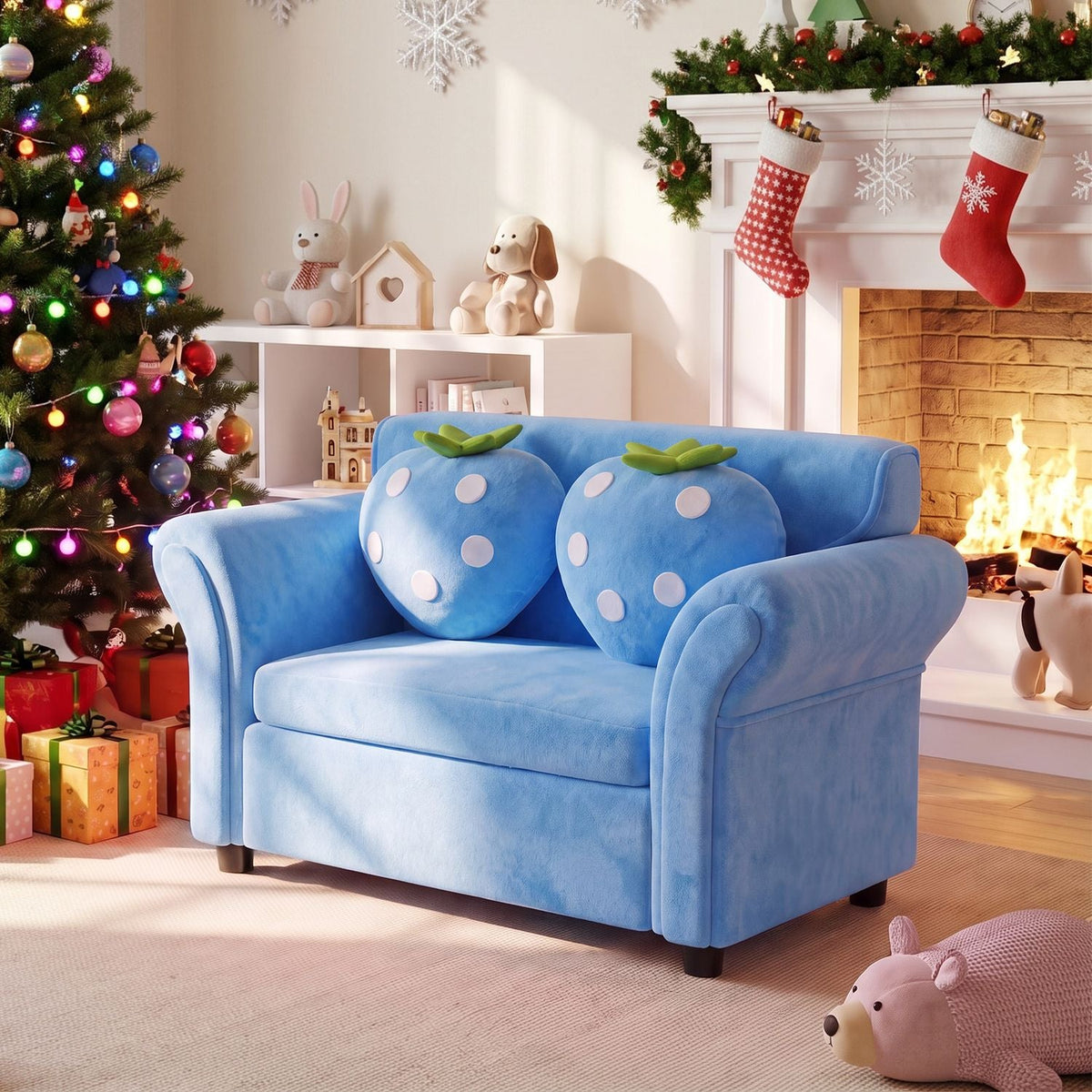 Kids Strawberry Armrest Chair Sofa with 2 Cute Strawberry Pillows-Pink