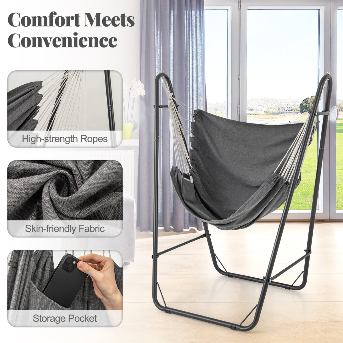 Hammock Chair with Heavy Duty Metal Frame and Side Pocket-Gray