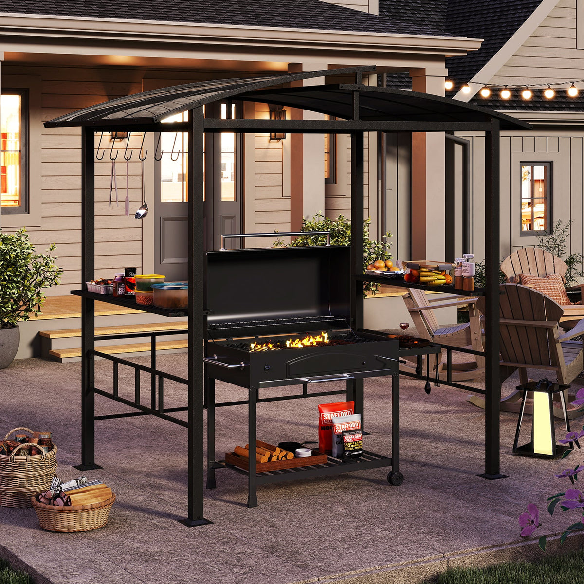 Hardtop Grill Gazebo with Vented Polycarbonate Roof Side Shelves-Black