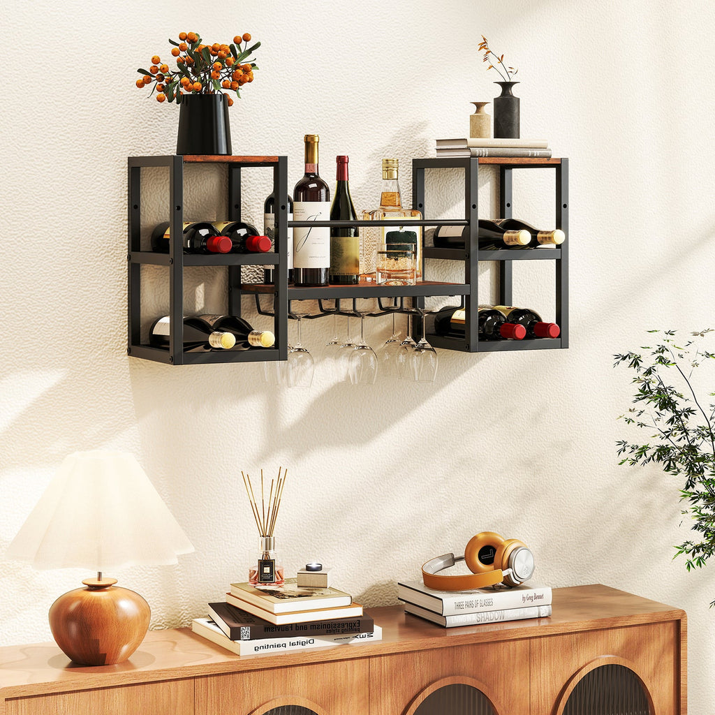 Heavy-duty Wall Mounted Wine Rack with Glass Holder Metal Frame 8-Bottle Holder-Rustic Brown