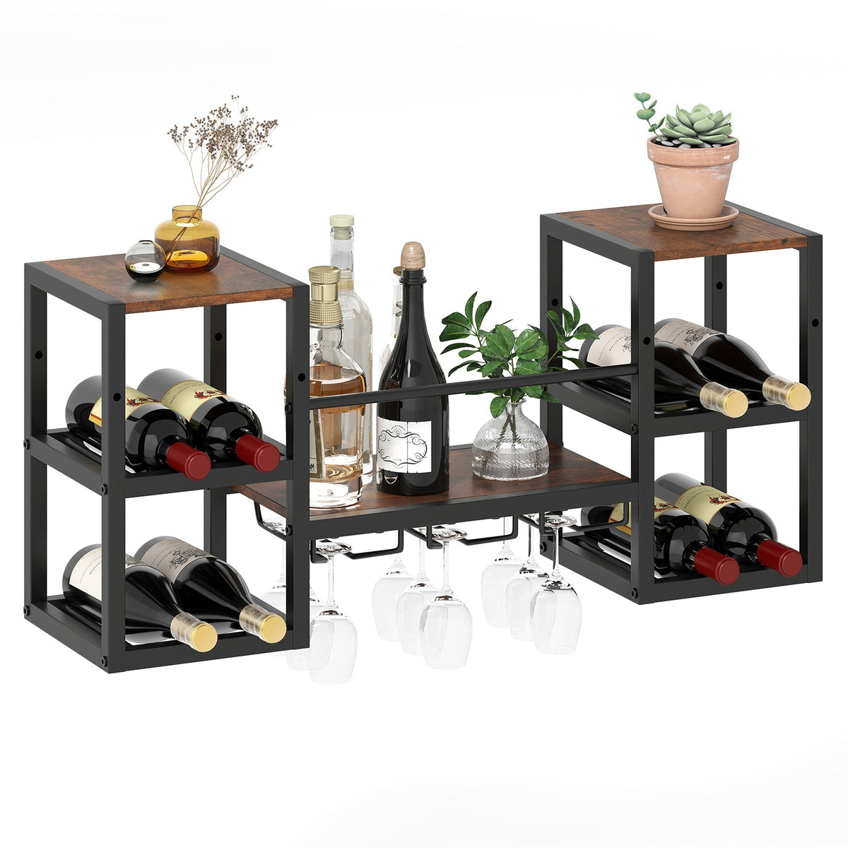 Heavy-duty Wall Mounted Wine Rack with Glass Holder Metal Frame 8-Bottle Holder-Rustic Brown
