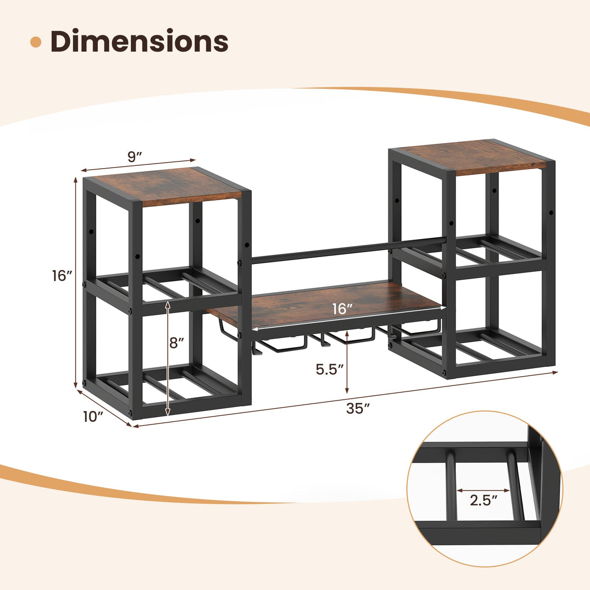Heavy-duty Wall Mounted Wine Rack with Glass Holder Metal Frame 8-Bottle Holder-Rustic Brown