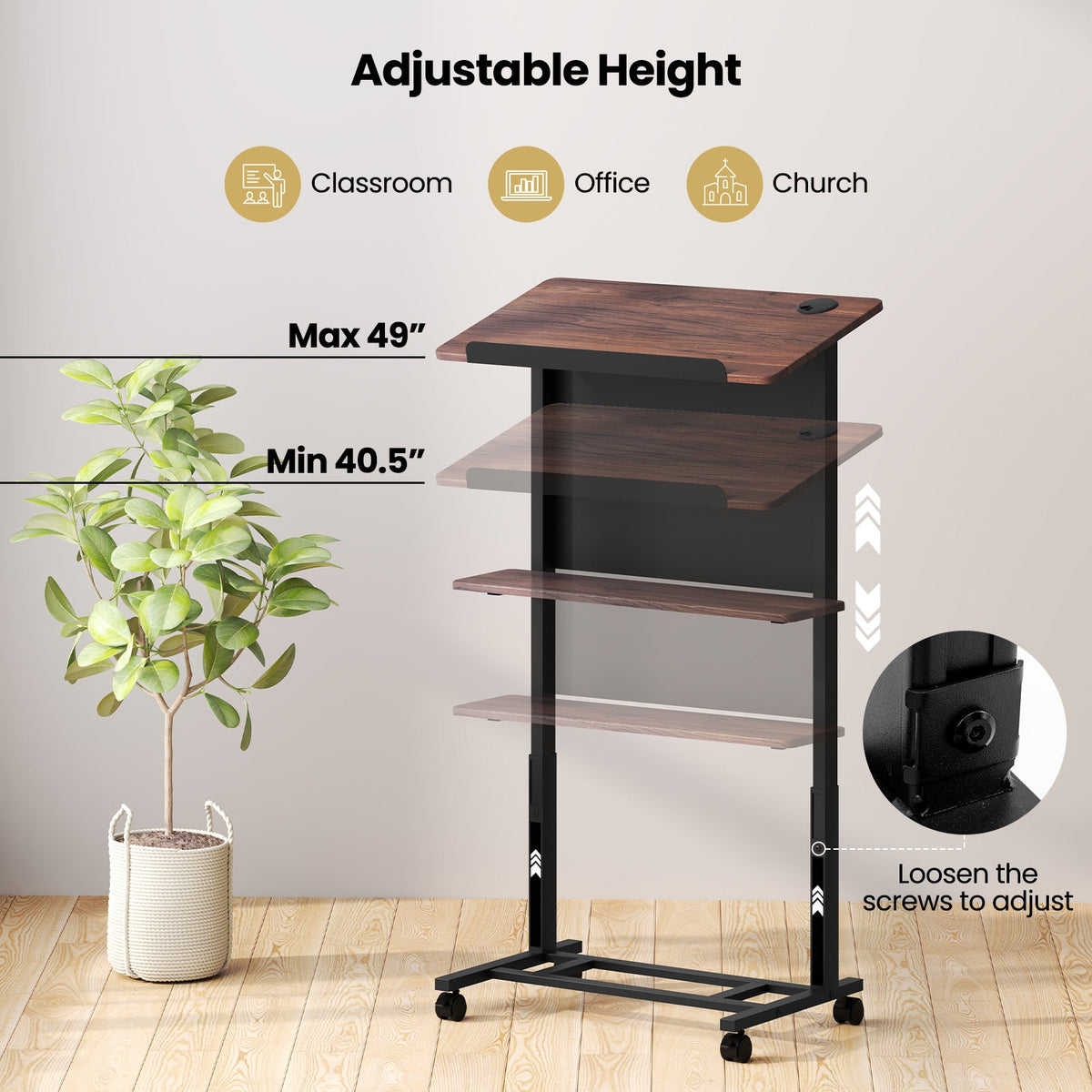40.5-49 Inch Height Adjustable Rolling Podium Stand Lectern Table-Black