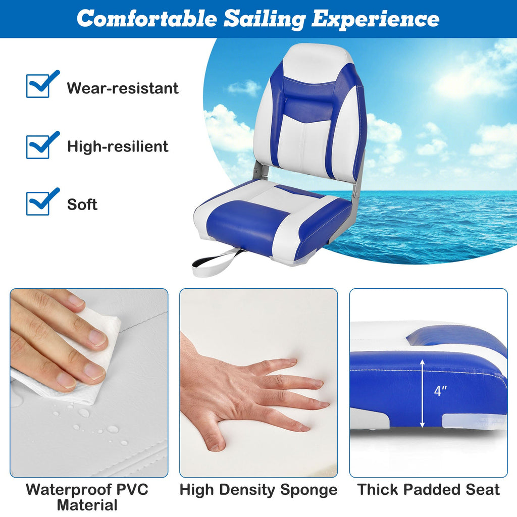 High Back Folding Boat Seat with Blue White Sponge Cushion and Flexible Hinges-Blue