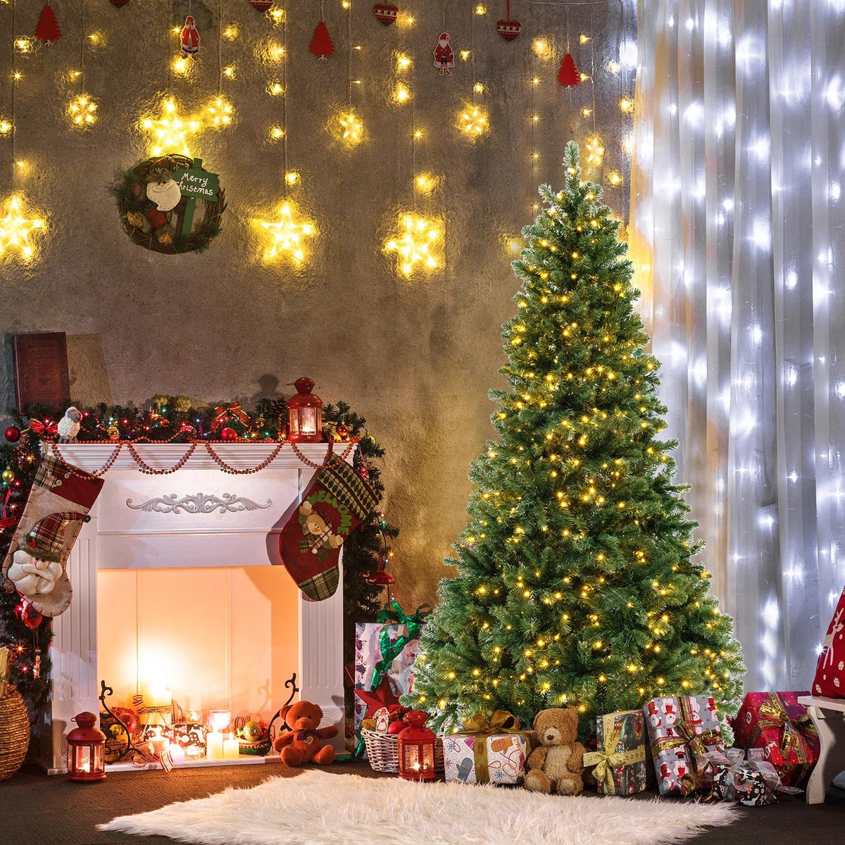 6/7/8 Feet Hinged Christmas Tree with PVC Branch Tips Warm White LED Lights