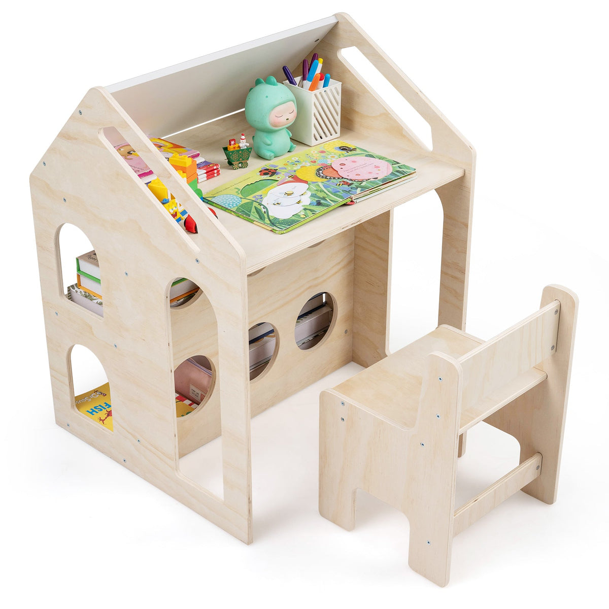 House-shaped Wooden Activity Kids Table Chair Set-Natural