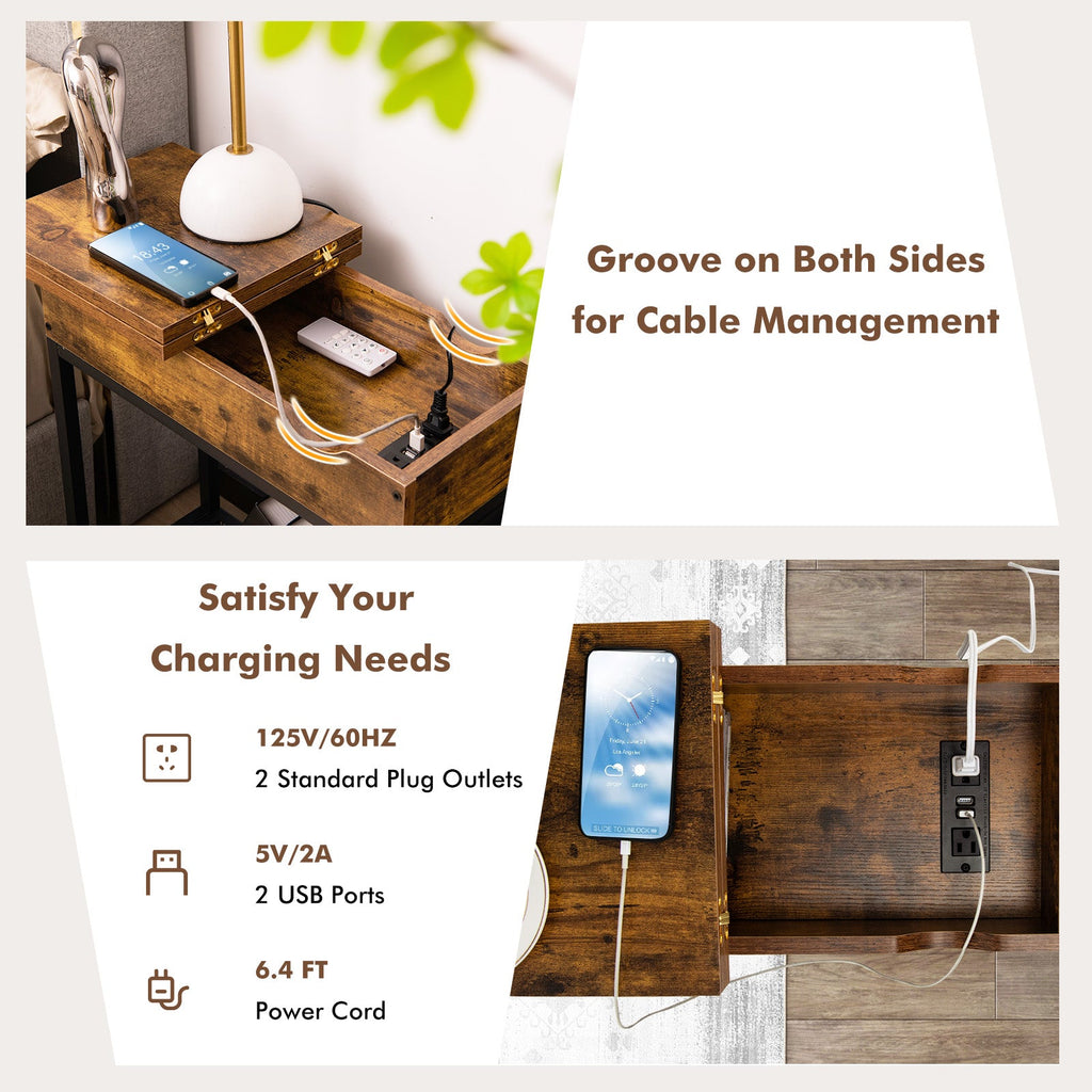 Industrial End Table with Charging Station and Flip Top-Rustic Brown