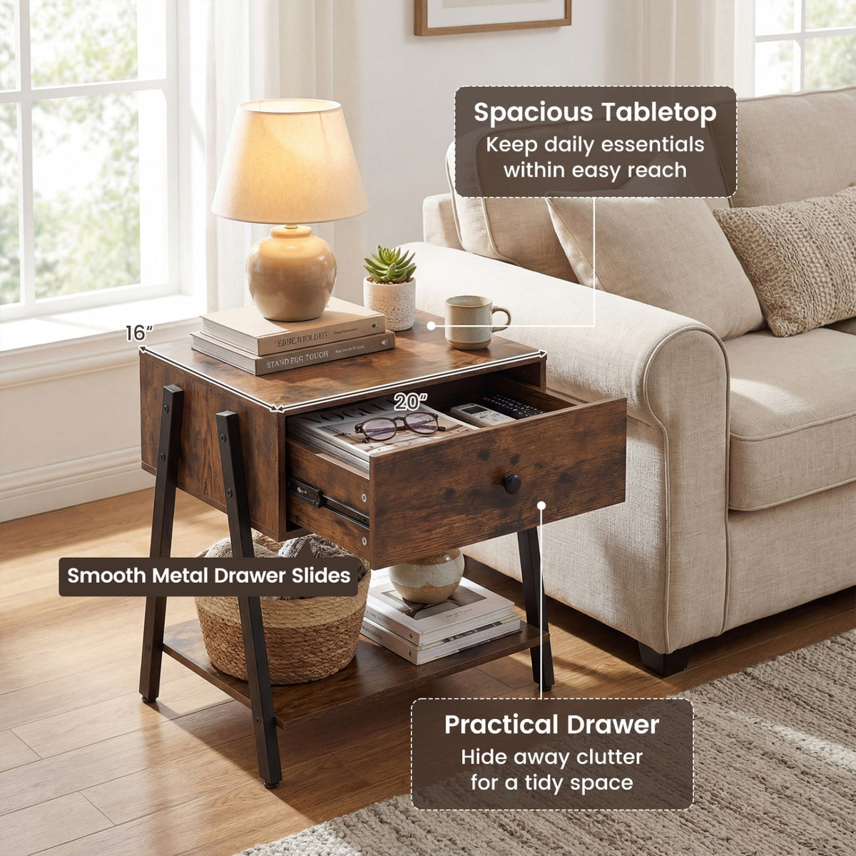 Industrial Nightstand with Drawer and Adjustable Feet