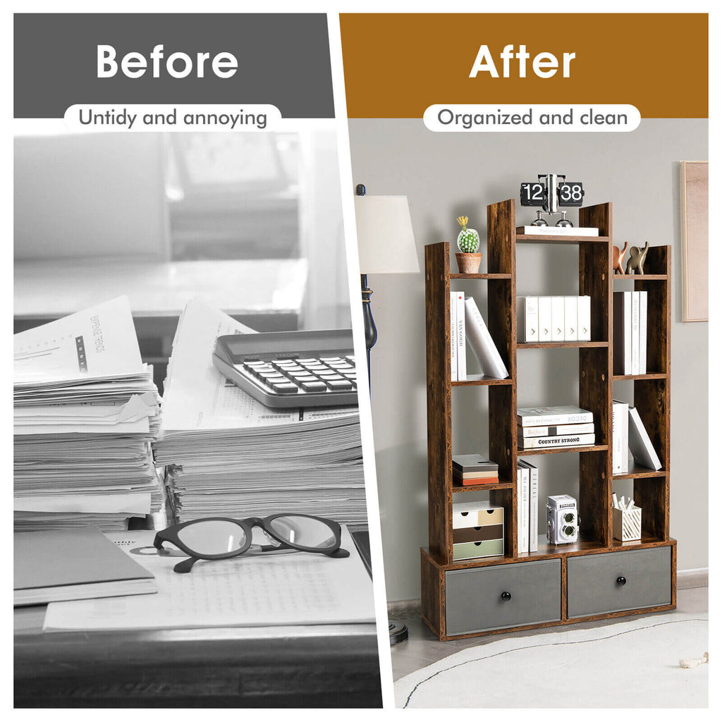 12-Tier Open-Back Freestanding Bookshelf with Drawer