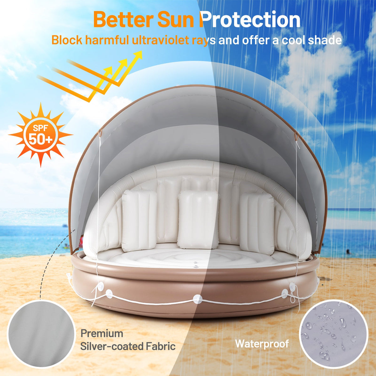 Inflatable Canopy Island Tanning Pool Lounger Float with Retractable Canopy