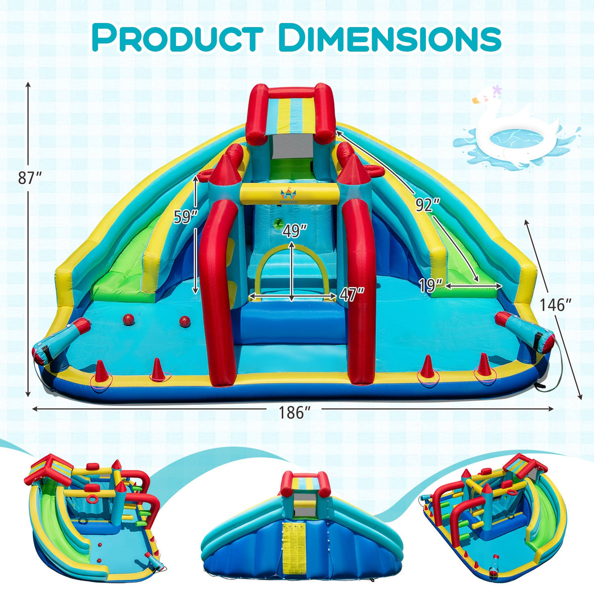 Inflatable Double Water Slide Park with Obstacle Course and 735W Blower
