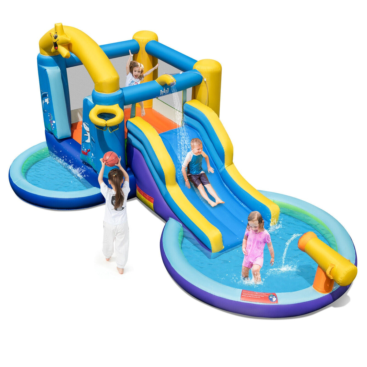 Inflatable Ocean-Themed Bounce House with 680W Blower and 2 Pools
