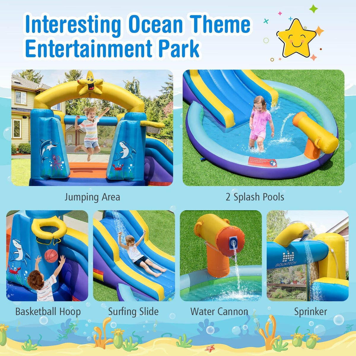Inflatable Ocean-Themed Bounce House with 680W Blower and 2 Pools