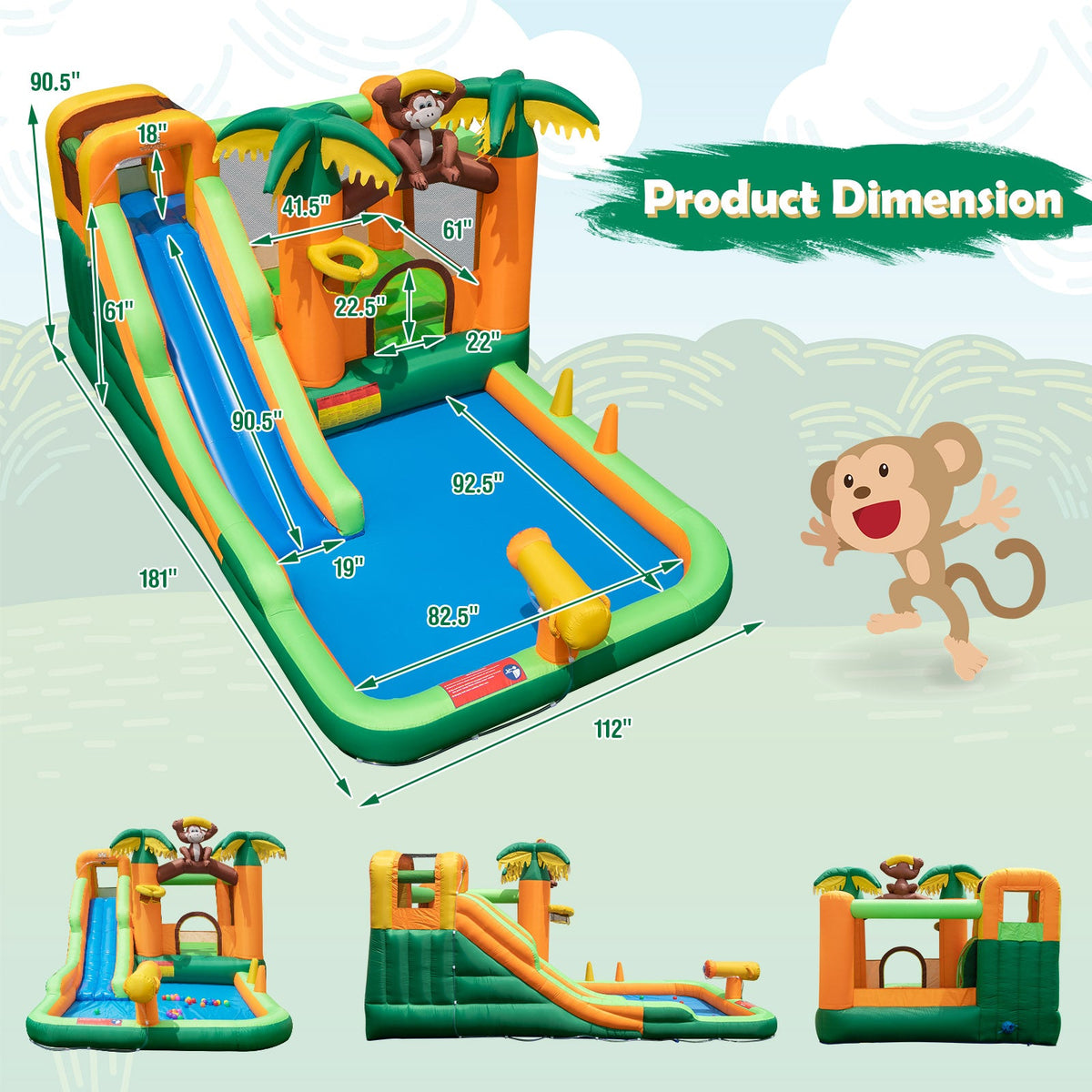 Monkey-Themed Inflatable Bounce House with Slide without Blower