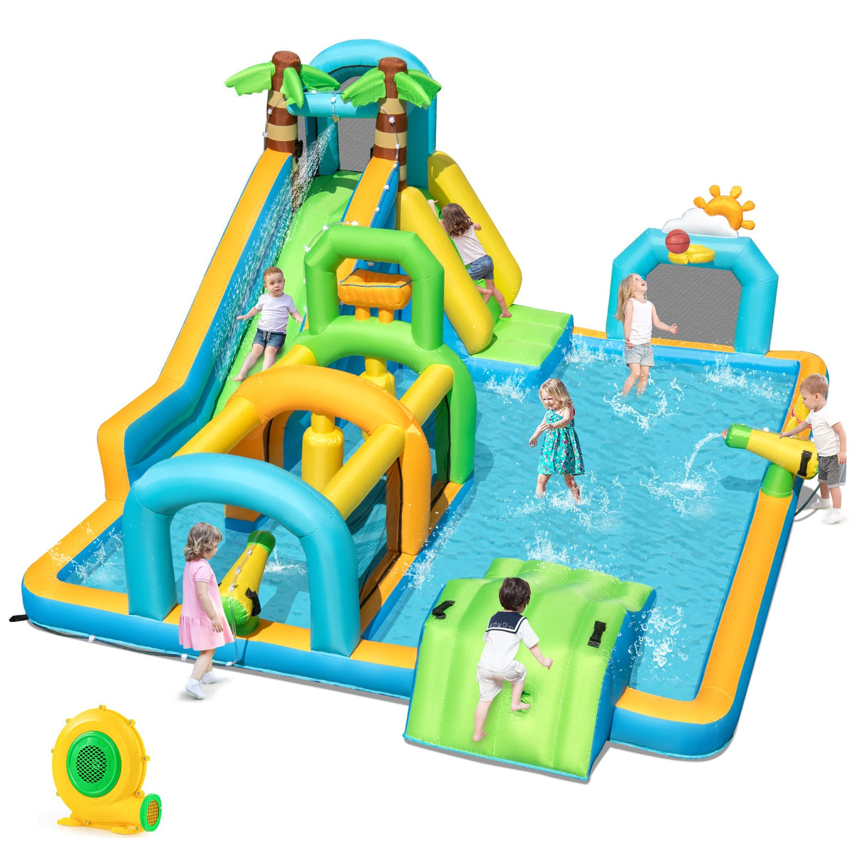 Inflatable Water Slide Tropical Theme Dual Slide Aqua Park with 680W Blower