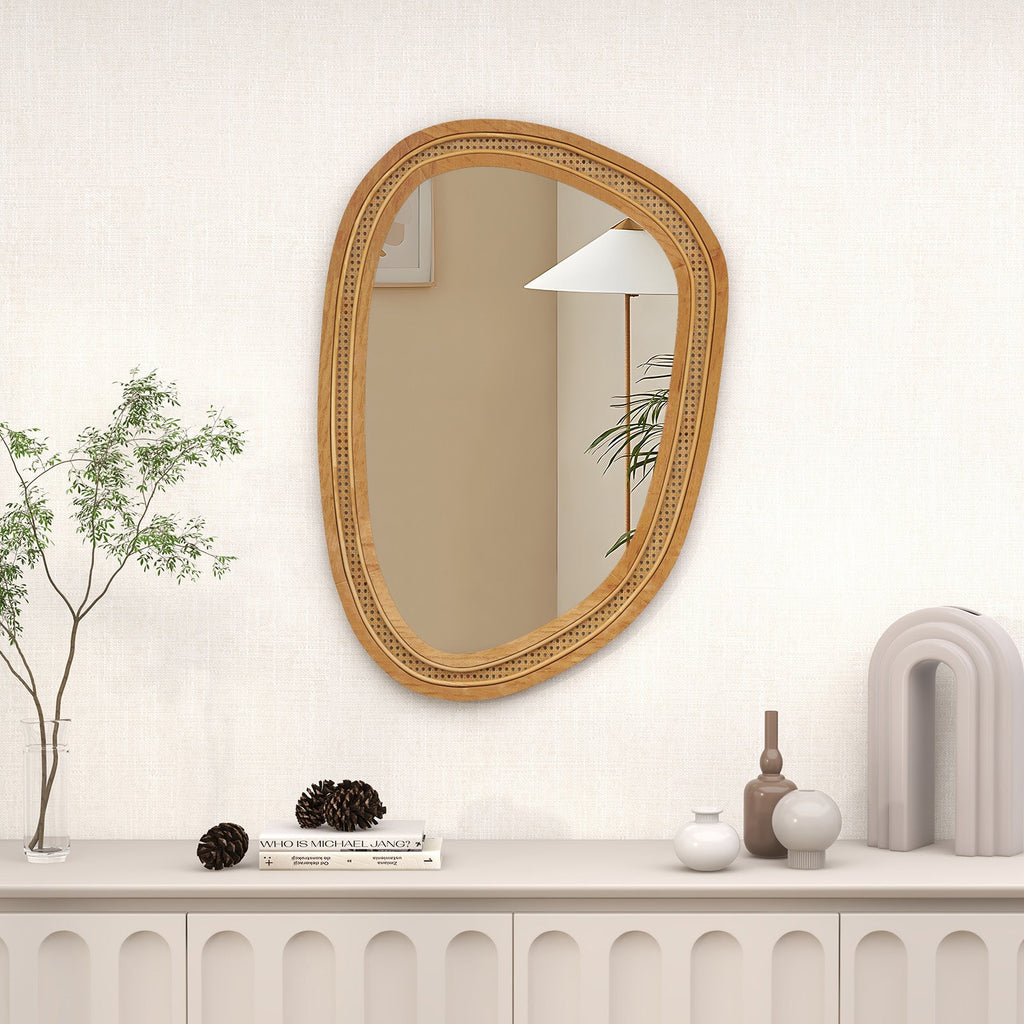 33 Inches x 23.5 Inches Irregular PVC Rattan Wall Mirror with Wooden Frame-Natural