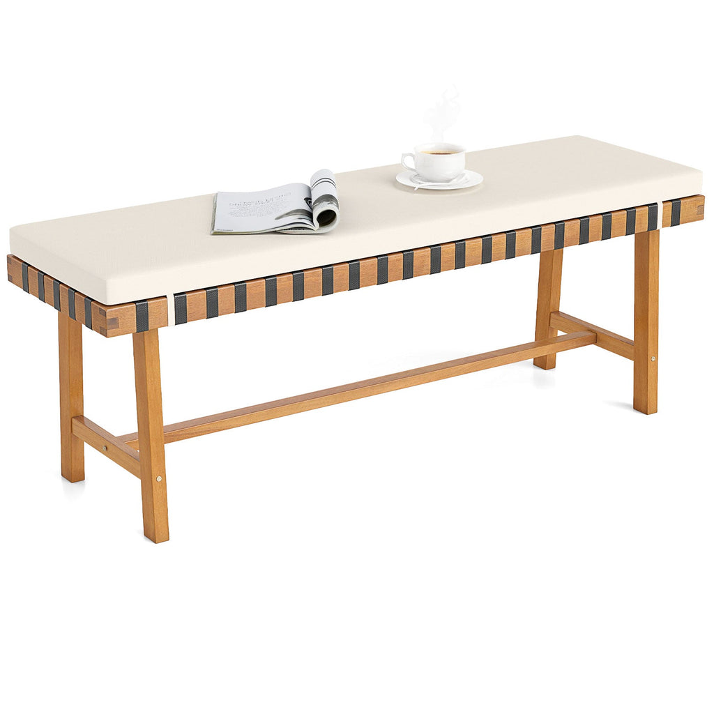 48 inch Acacia Wood Outdoor Bench with Thick Padded Seat Cushion