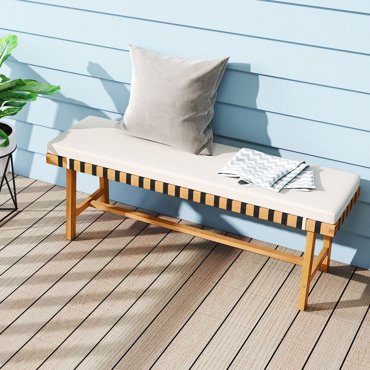 48 inch Acacia Wood Outdoor Bench with Thick Padded Seat Cushion